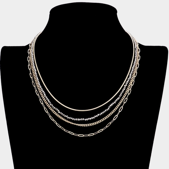 Gold Multi Layered Open Oval Link Beaded Necklace Chain Simple Strand Jewelry - Picture 1 of 2